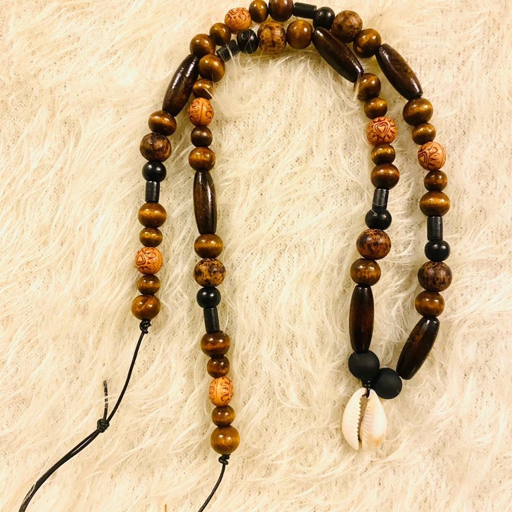 Cowrie Shell Boho Wooden Beaded Necklace|UniSex|28in|Handcrafted